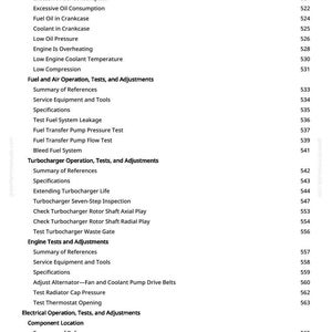 May include: A white page with a list of automotive engine diagnostic tests and adjustments. The text includes terms like "Exhaust Temperature," "Fuel Consumption," and "Turbocharger Operation."