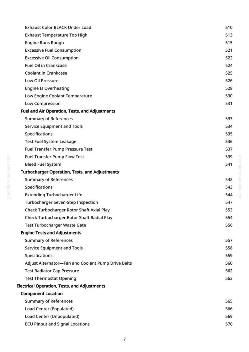 May include: A white page with a list of automotive engine diagnostic tests and adjustments. The text includes terms like "Exhaust Temperature," "Fuel Consumption," and "Turbocharger Operation."