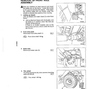May include: A technical diagram detailing the disassembly and assembly of a front axle. The image includes step-by-step instructions with illustrations, including removing the front drive shaft and tire. The tire weighs 685.62 pounds.