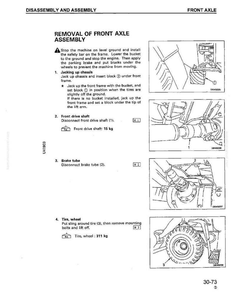 May include: A technical diagram detailing the disassembly and assembly of a front axle. The image includes step-by-step instructions with illustrations, including removing the front drive shaft and tire. The tire weighs 685.62 pounds.