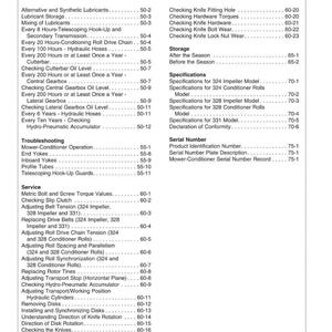 May include: A detailed table of contents from a manual, listing various maintenance and service procedures for a mower-conditioner. Topics include lubrication, gearbox checks, and adjustments for belts, chains, and knives.
