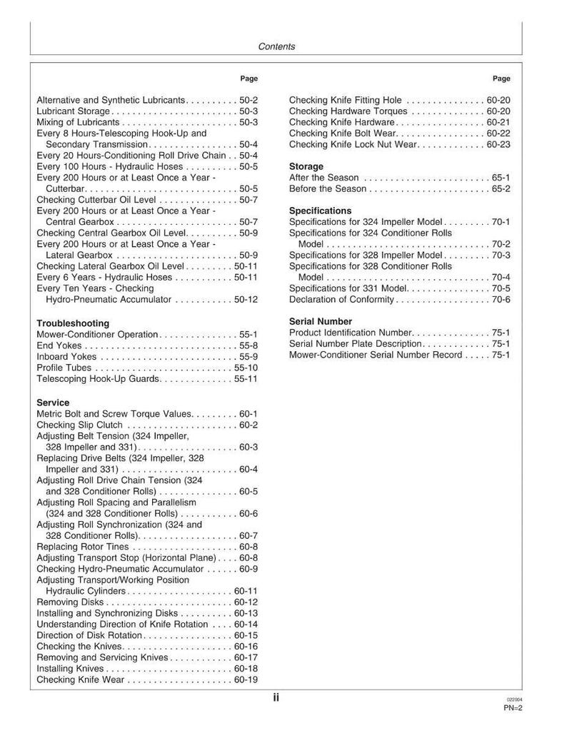 May include: A detailed table of contents from a manual, listing various maintenance and service procedures for a mower-conditioner. Topics include lubrication, gearbox checks, and adjustments for belts, chains, and knives.