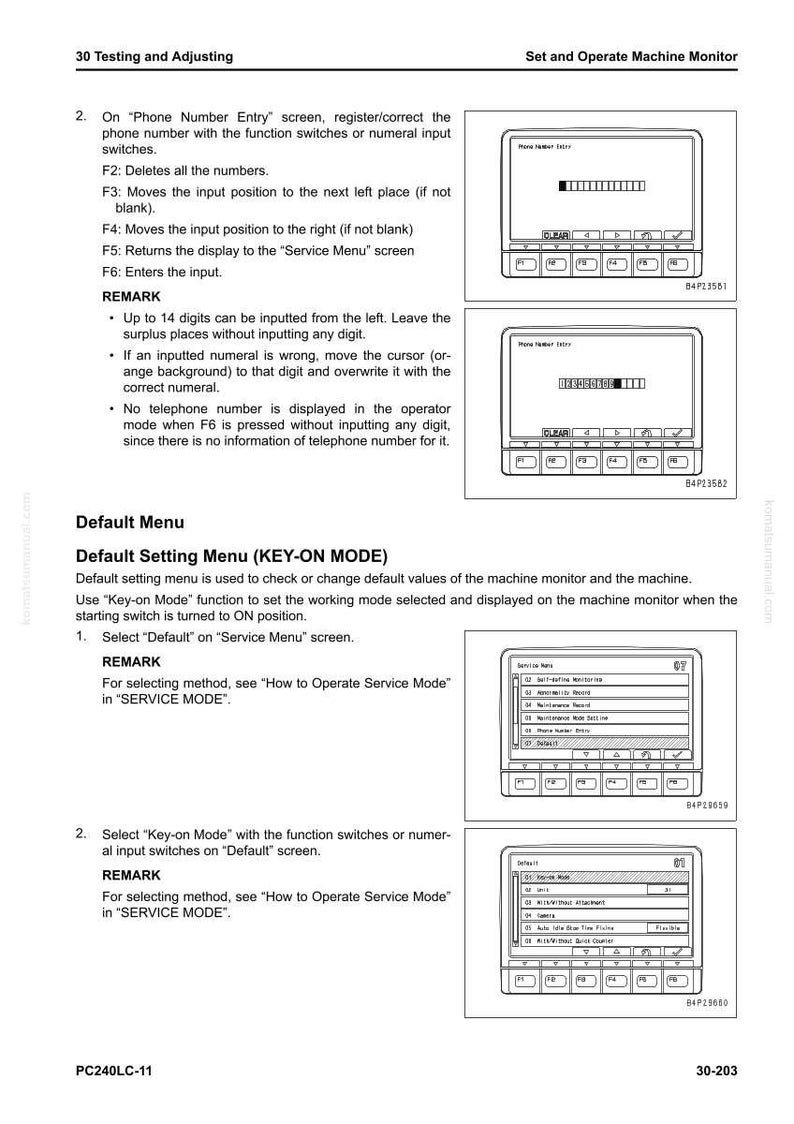 May include: A technical manual page with the title "30 Testing and Adjusting" and "Set and Operate Machine Monitor." The page includes diagrams of machine monitors with function buttons and text instructions for operation and settings.