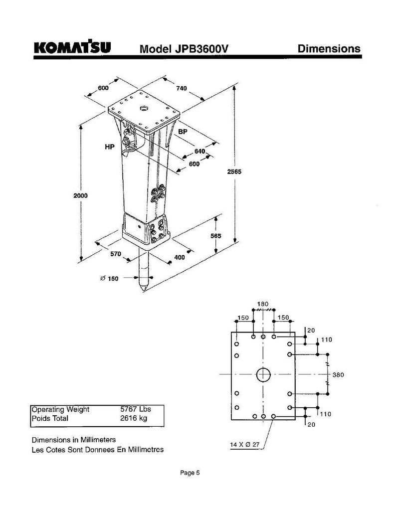K&ouml;nnte beinhalten: Technische Zeichnung eines Komatsu Modells JPB3600V. Das Diagramm enth&auml;lt Abmessungen in Millimetern, mit einem Betriebsgewicht von 2616 kg. Das Bild zeigt eine detaillierte Illustration der Maschine mit verschiedenen Messungen und Beschriftungen.