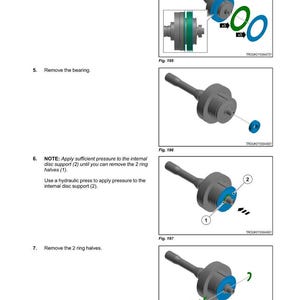 May include: Diagram from Fendt showing steps for removing tractor implement drive system components. Includes illustrations of clutch discs, bearings, and ring halves. Text instructions are provided for each step, including the use of a hydraulic press.