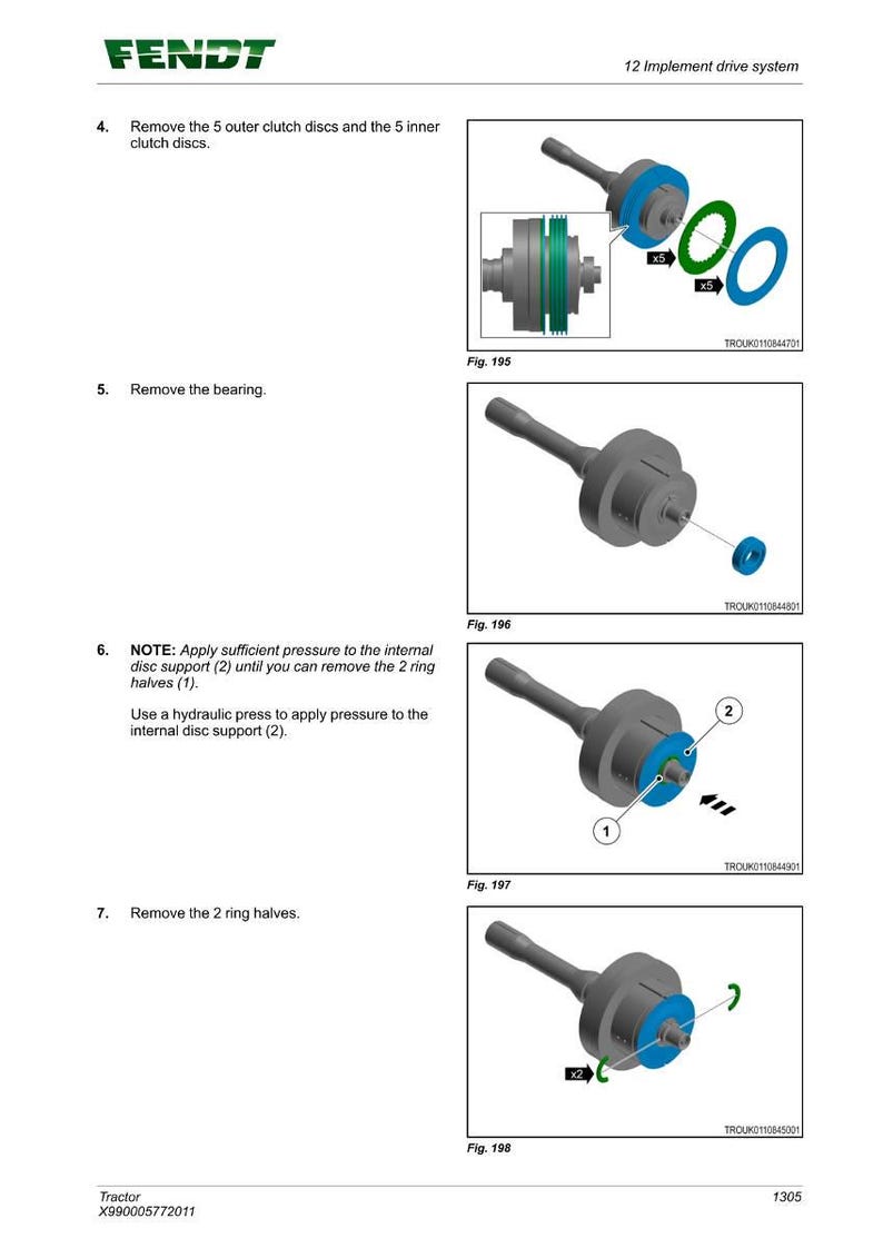 May include: Diagram from Fendt showing steps for removing tractor implement drive system components. Includes illustrations of clutch discs, bearings, and ring halves. Text instructions are provided for each step, including the use of a hydraulic press.