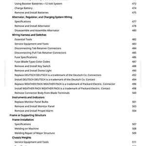 May include: A page from a manual with a list of automotive repair procedures, including battery maintenance, alternator wiring, and frame installation. The text is black on a white background.
