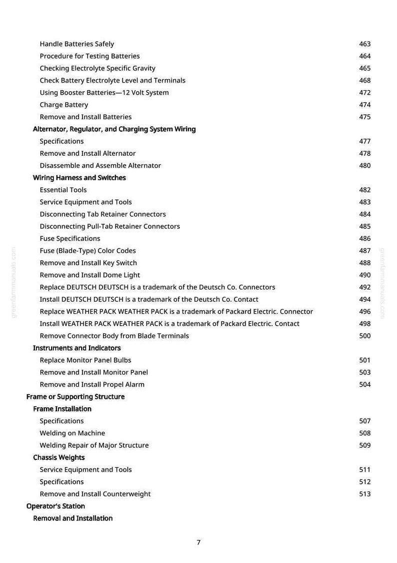 May include: A page from a manual with a list of automotive repair procedures, including battery maintenance, alternator wiring, and frame installation. The text is black on a white background.