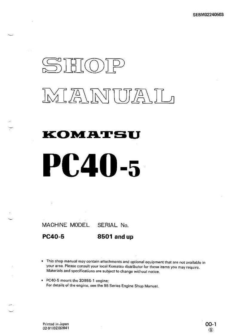 Pode incluir: Um manual de oficina branco com o texto "SHOP MANUAL" em letras grandes e delineadas. Abaixo, o texto "KOMATSU PC40-5" &eacute; exibido. O modelo da m&aacute;quina &eacute; PC40-5, e o n&uacute;mero de s&eacute;rie &eacute; 8501 e superior.