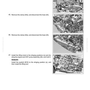 K&ouml;nnte beinhalten: Eine Seite aus einem Handbuch mit detaillierten Anweisungen zur Demontage und Montage von Motor und HST-Pumpe. Die Seite enth&auml;lt Diagramme und Anweisungen zum Entfernen von Klemmen und Schl&auml;uchen sowie zum Einbau von Hebewerkzeugen. Der Text enth&auml;lt "Remove and Install Engine and HST Pump Assembly".