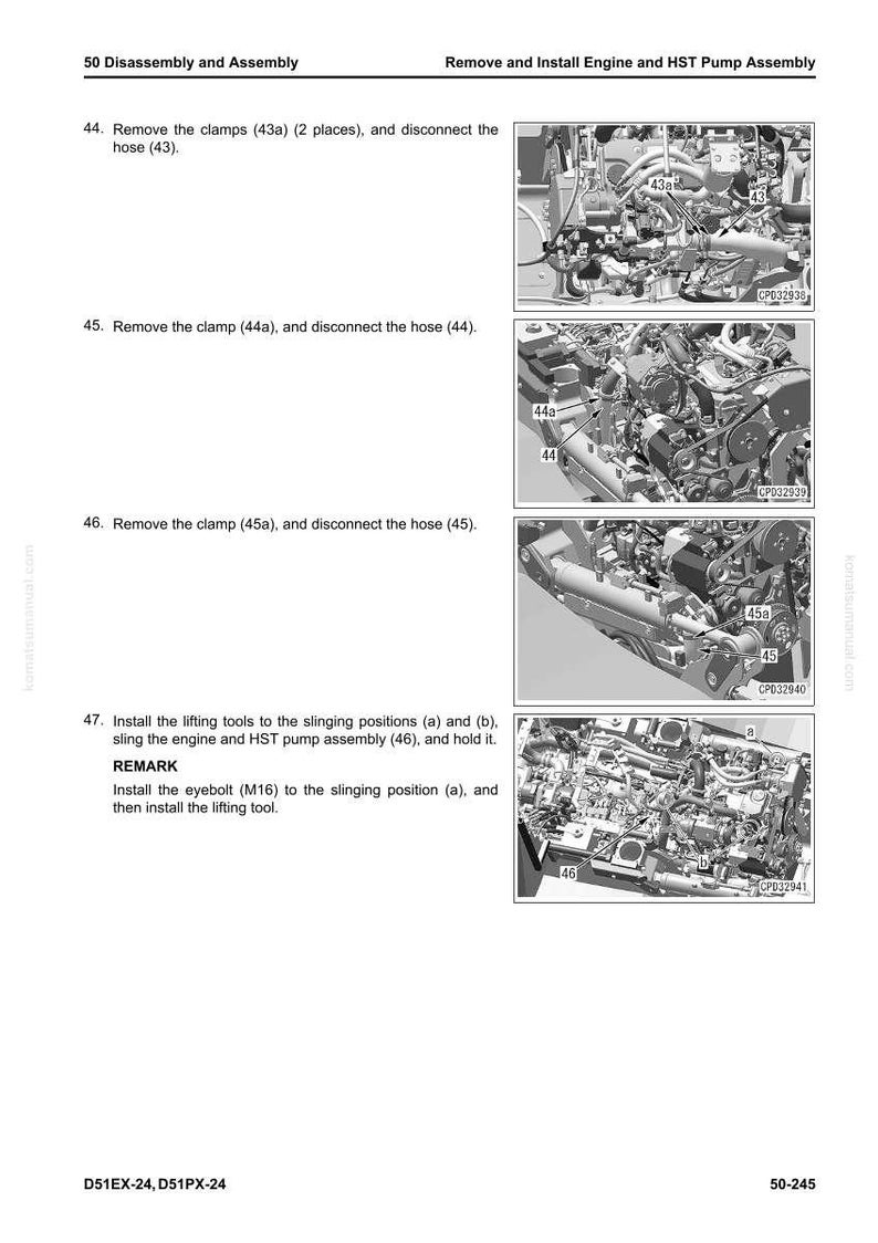 K&ouml;nnte beinhalten: Eine Seite aus einem Handbuch mit detaillierten Anweisungen zur Demontage und Montage von Motor und HST-Pumpe. Die Seite enth&auml;lt Diagramme und Anweisungen zum Entfernen von Klemmen und Schl&auml;uchen sowie zum Einbau von Hebewerkzeugen. Der Text enth&auml;lt "Remove and Install Engine and HST Pump Assembly".