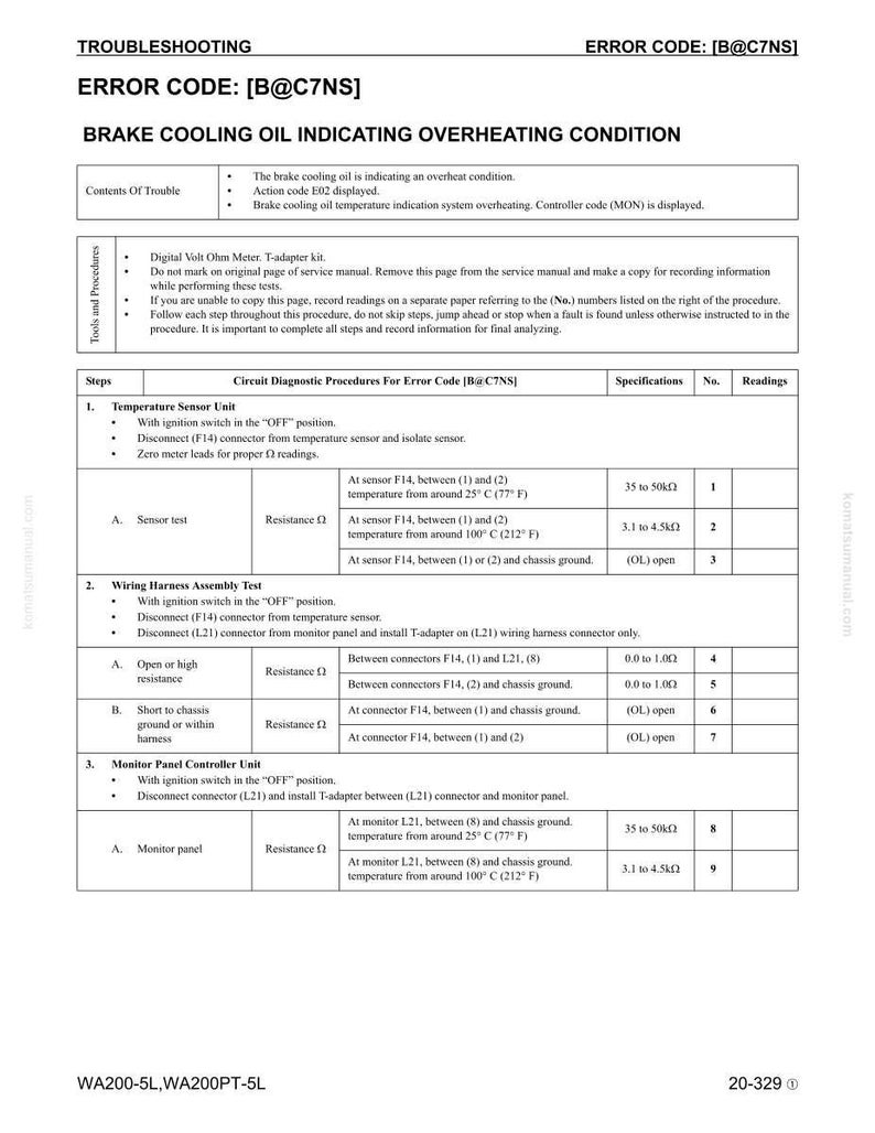 May include: A troubleshooting guide with the error code [B@C7NS] for brake cooling oil overheating. The document includes diagnostic procedures, specifications, and readings for temperature sensor and wiring harness tests. The text is in black and white.