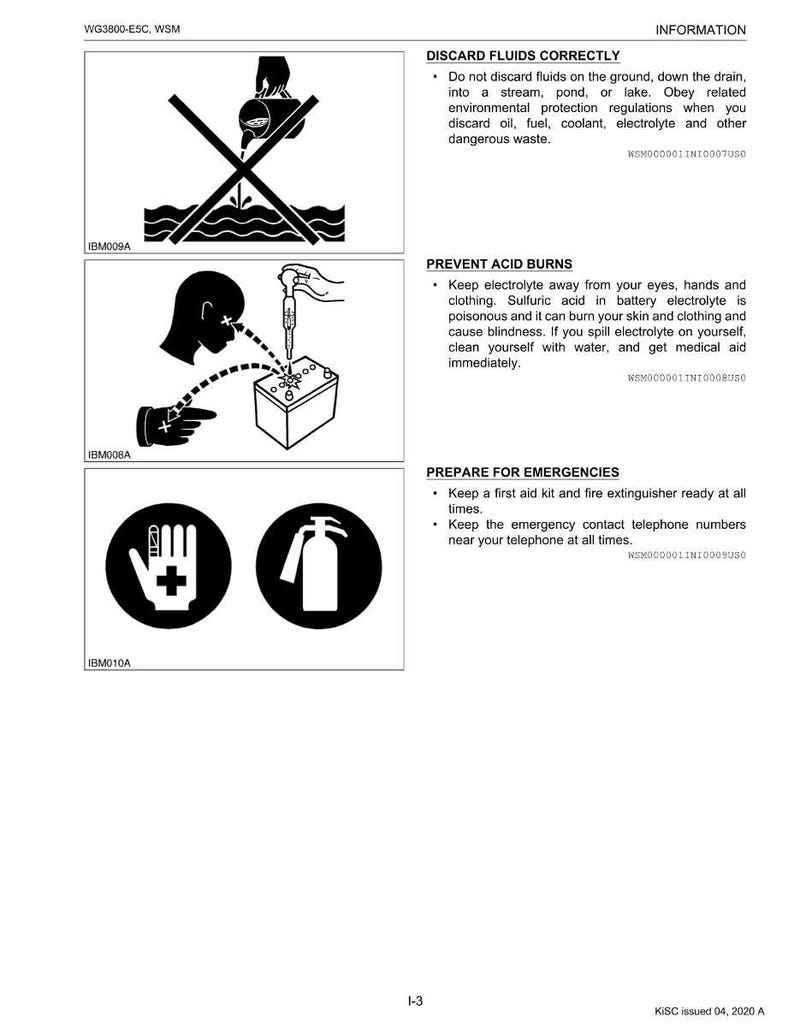 May include: A white page with safety information. The page includes illustrations and text about discarding fluids, preventing acid burns, and preparing for emergencies. The illustrations show a hand pouring liquid, a person's face, and a battery.