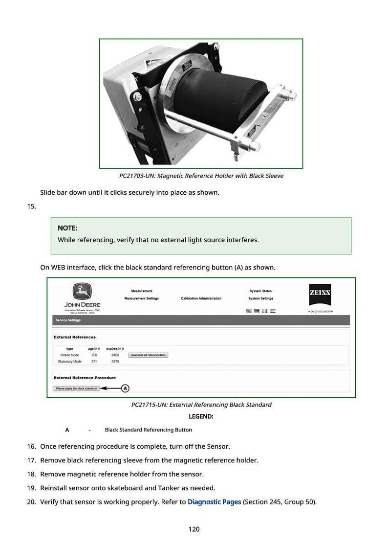 May include: Diagram of a magnetic reference holder with a black sleeve, and a screenshot of a web interface with external reference settings. Text includes instructions for referencing and a legend for a black standard button.