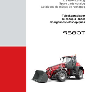 K&ouml;nnte beinhalten: Ein roter und grauer Teleskoplader, Modell 9580T, vor wei&szlig;em Hintergrund. Das Bild enth&auml;lt Text in mehreren Sprachen, darunter "Ersatzteilkatalog" und "Teleskoplader."