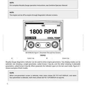 Puede incluir: Diagrama de un indicador Murphy que muestra los par&aacute;metros de datos de diagn&oacute;stico. El indicador muestra una lectura de 1800 RPM, con etiquetas para ENG RPM y COOL TEMP. La imagen incluye notas y una leyenda que explica los modos de visualizaci&oacute;n.