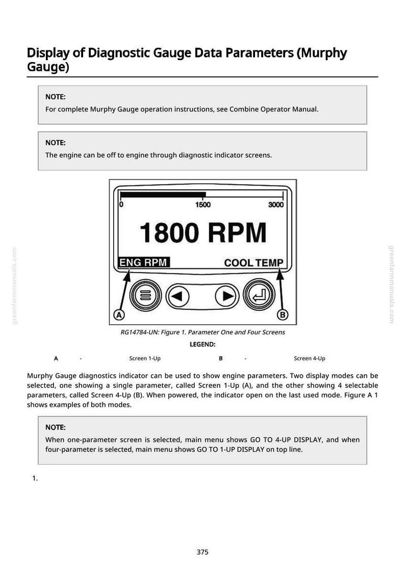 Puede incluir: Diagrama de un indicador Murphy que muestra los par&aacute;metros de datos de diagn&oacute;stico. El indicador muestra una lectura de 1800 RPM, con etiquetas para ENG RPM y COOL TEMP. La imagen incluye notas y una leyenda que explica los modos de visualizaci&oacute;n.