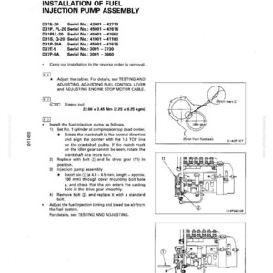 May include: Diagram of fuel injection pump assembly installation instructions. Includes text, diagrams, and a list of serial numbers. The text includes instructions for setting the cylinder, rotating the crankshaft, and installing the pump.