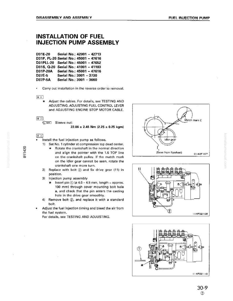 May include: Diagram of fuel injection pump assembly installation instructions. Includes text, diagrams, and a list of serial numbers. The text includes instructions for setting the cylinder, rotating the crankshaft, and installing the pump.
