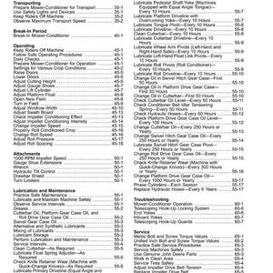 May include: A detailed table of contents from a manual, listing maintenance and operational procedures for agricultural machinery. The pages are filled with text, including lubrication, adjustments, and troubleshooting sections.
