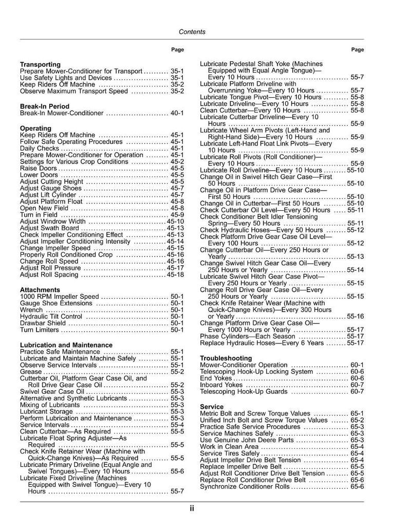 May include: A detailed table of contents from a manual, listing maintenance and operational procedures for agricultural machinery. The pages are filled with text, including lubrication, adjustments, and troubleshooting sections.