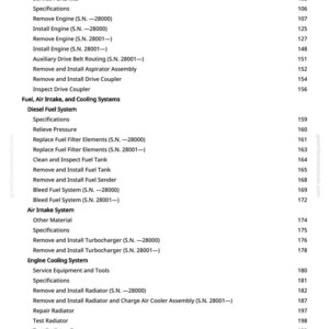 Puede incluir: Una p&aacute;gina de un manual de reparaci&oacute;n de motores John Deere, que enumera varios procedimientos y especificaciones de reparaci&oacute;n de motores. El texto incluye secciones sobre combustible, admisi&oacute;n de aire, sistemas de refrigeraci&oacute;n y sistemas de refrigeraci&oacute;n del motor. El n&uacute;mero de p&aacute;gina es 4.