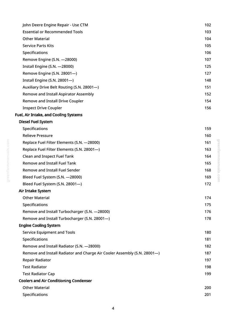 Puede incluir: Una p&aacute;gina de un manual de reparaci&oacute;n de motores John Deere, que enumera varios procedimientos y especificaciones de reparaci&oacute;n de motores. El texto incluye secciones sobre combustible, admisi&oacute;n de aire, sistemas de refrigeraci&oacute;n y sistemas de refrigeraci&oacute;n del motor. El n&uacute;mero de p&aacute;gina es 4.