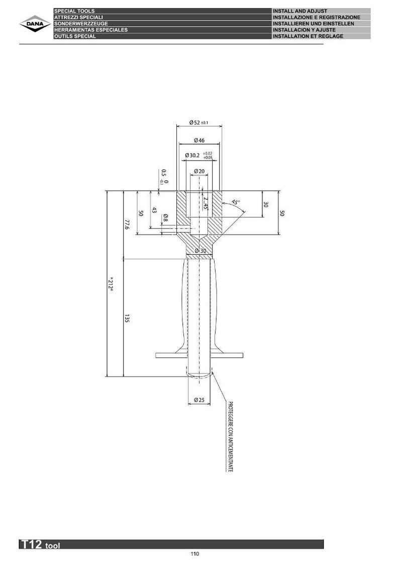 May include: Technical drawing of a T12 tool, featuring detailed dimensions in inches and millimeters. The diagram includes measurements for various parts, such as the handle and head, with annotations in multiple languages.