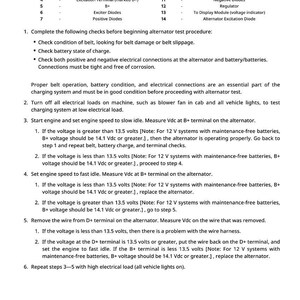 May include: A page from a manual detailing alternator testing procedures. The text includes a legend of terms, numbered steps for testing, and voltage specifications. The page is white with black text.