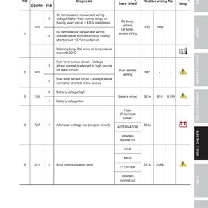 May include: Diagram of an electric system with DTC codes, including diagnosis and potential part failures. The chart includes information on oil temperature sensors, fuel level sensors, and alternator voltage. Warning lamps are also indicated.