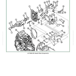 May include: Diagram of swash plate components, labeled with numbers. The image includes various mechanical parts, such as gears, bolts, and plates, arranged in an exploded view. Text at the top reads "Swash Plate Components". The bottom text reads "LV17466-UN: Swash Plate Components".