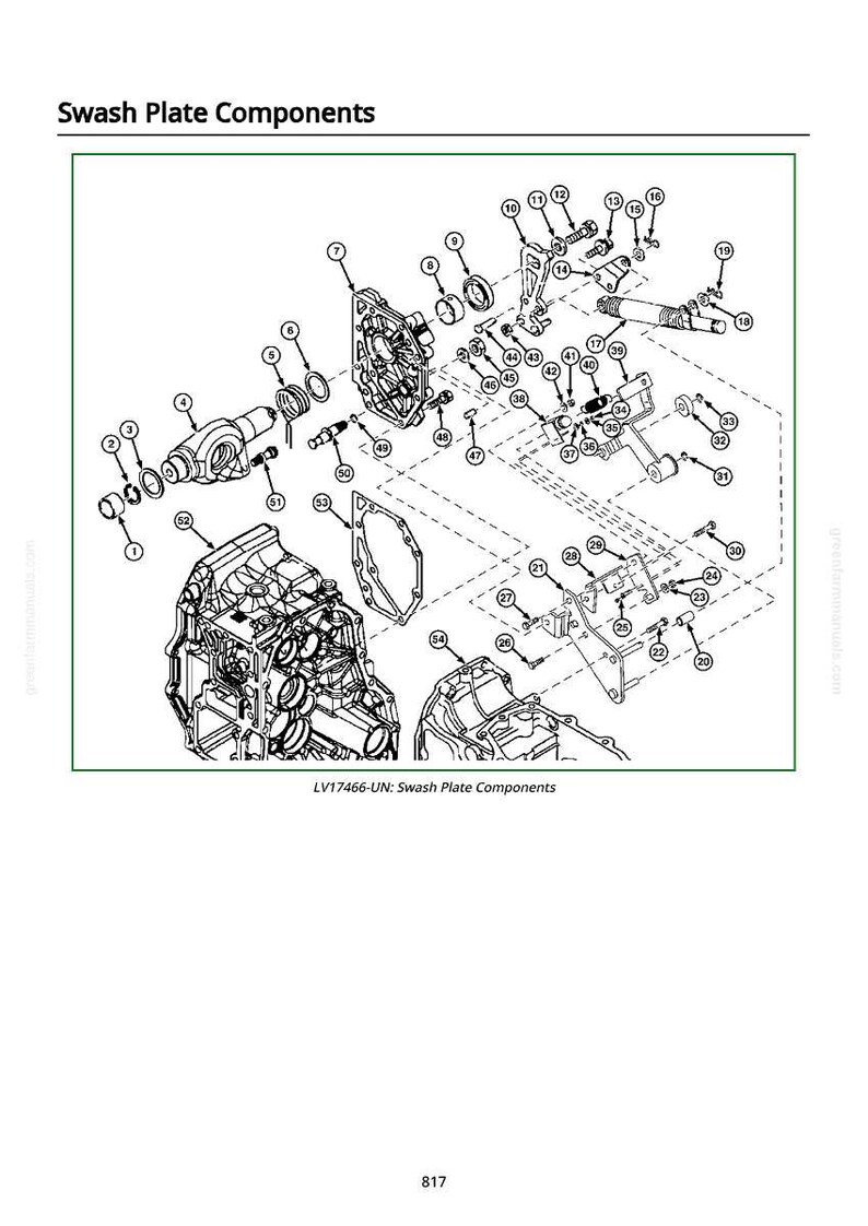 May include: Diagram of swash plate components, labeled with numbers. The image includes various mechanical parts, such as gears, bolts, and plates, arranged in an exploded view. Text at the top reads "Swash Plate Components". The bottom text reads "LV17466-UN: Swash Plate Components".