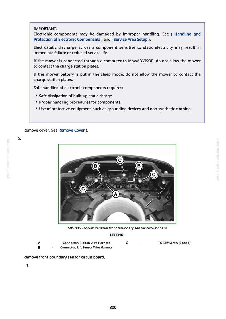 May include: Diagram of a robotic lawnmower's internal components, including connectors, wire harnesses, and screws. Text includes safety instructions for handling electronic components and removing the front boundary sensor circuit board.