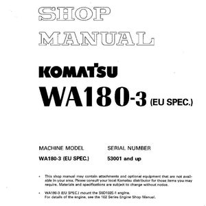 May include: A white shop manual with the text "SHOP MANUAL" in a bold, outlined font. Below, the brand name "KOMATSU" is displayed in black, followed by "WA180-3 (EU SPEC.)". The manual includes machine model and serial number information.