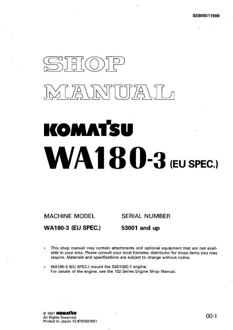 May include: A white shop manual with the text "SHOP MANUAL" in a bold, outlined font. Below, the brand name "KOMATSU" is displayed in black, followed by "WA180-3 (EU SPEC.)". The manual includes machine model and serial number information.