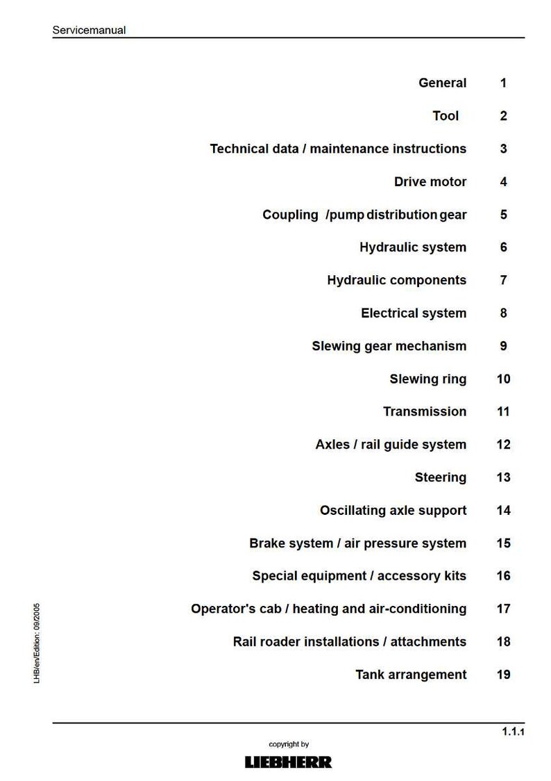 Pu&ograve; includere: Una pagina bianca di Servicemanual con un sommario. La tabella elenca argomenti come Generale, Strumento, Motore di azionamento, Sistema idraulico, Sistema elettrico e altro. Il logo Liebherr &egrave; in basso.