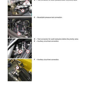 Peut inclure: Sch&eacute;ma d'un syst&egrave;me hydraulique avec des indications pour les connexions de test. L'image pr&eacute;sente des gros plans de composants, annot&eacute;s avec des lettres comme 'A - Raccord de test' et 'B - Raccord de test'. Le logo Kramer est visible.