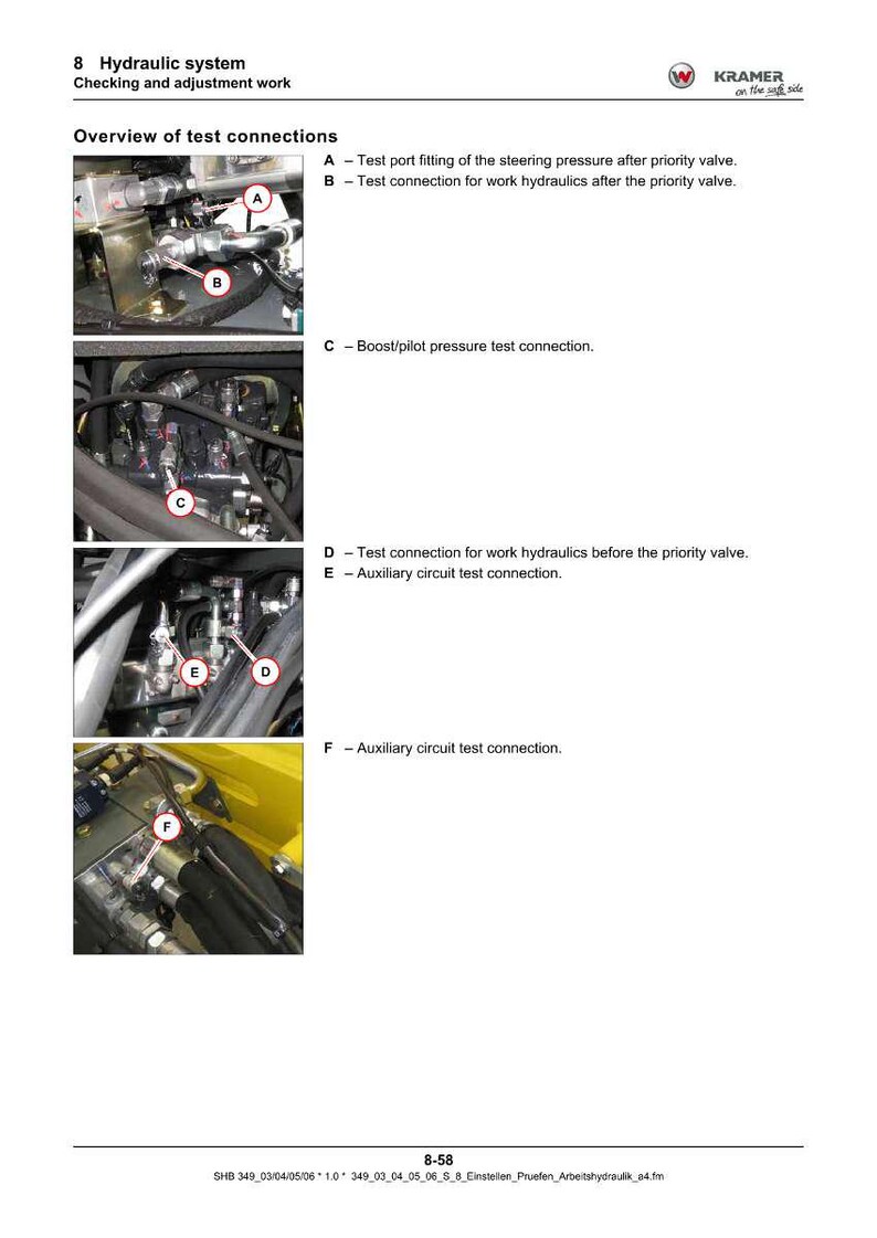 Peut inclure: Sch&eacute;ma d'un syst&egrave;me hydraulique avec des indications pour les connexions de test. L'image pr&eacute;sente des gros plans de composants, annot&eacute;s avec des lettres comme 'A - Raccord de test' et 'B - Raccord de test'. Le logo Kramer est visible.