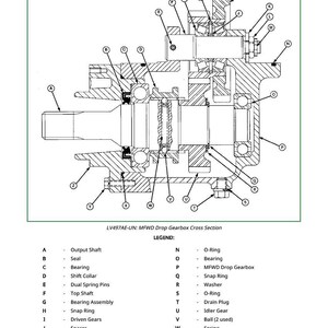 May include: Detailed cross-section diagram of an LV497AE-UN MFWD drop gearbox, with labeled components including output shaft, bearings, and gears. The diagram is a technical illustration with a legend.