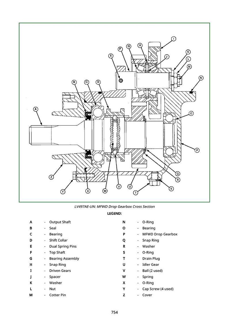 May include: Detailed cross-section diagram of an LV497AE-UN MFWD drop gearbox, with labeled components including output shaft, bearings, and gears. The diagram is a technical illustration with a legend.