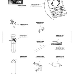 May include: An illustration of various tools and equipment, including a hydraulic tester, inflation kit, and grease hand pump. The image also features a dismantling tube, rust protector wax, and a piston cover extracting tool. The tools are labeled with their respective part numbers.
