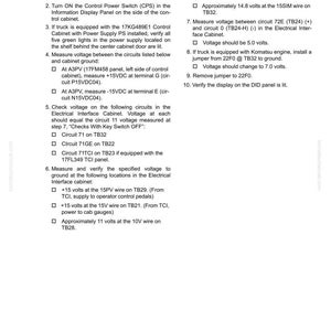 May include: A document with black text on a white background, outlining electrical checkout procedures for an AC Drive System. It includes instructions for voltage measurements and circuit checks.