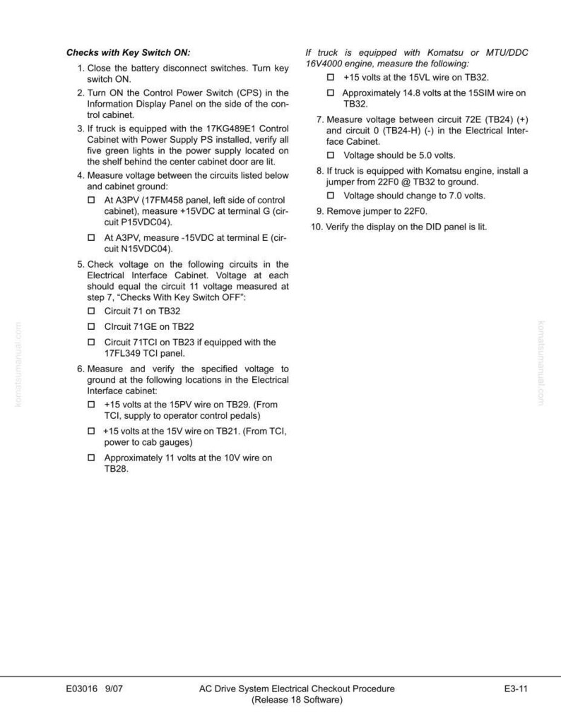 May include: A document with black text on a white background, outlining electrical checkout procedures for an AC Drive System. It includes instructions for voltage measurements and circuit checks.