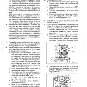 May include: Page from a technical manual explaining the initial learning method for a transmission controller. Includes diagrams and instructions for resetting data and correcting valve differences. Features text and diagrams.