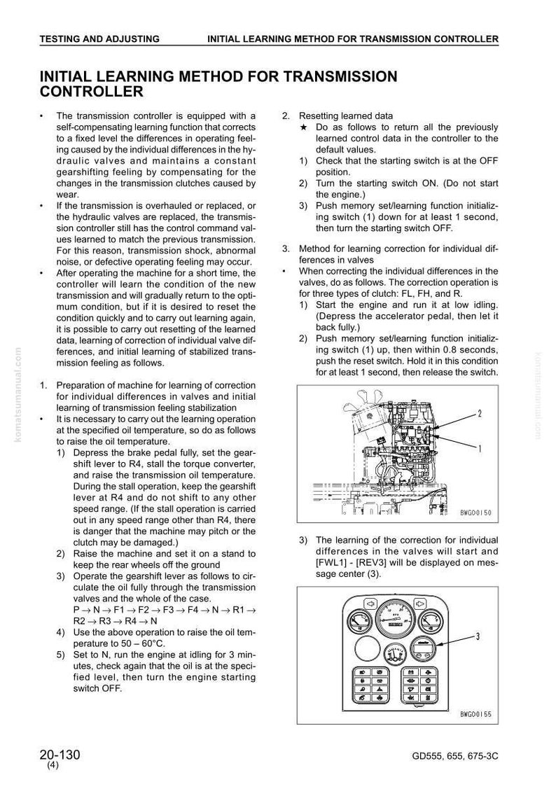 May include: Page from a technical manual explaining the initial learning method for a transmission controller. Includes diagrams and instructions for resetting data and correcting valve differences. Features text and diagrams.