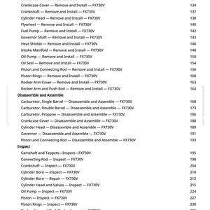May include: A detailed parts list for engine repair, including removal, installation, disassembly, assembly, and inspection procedures. The text includes terms like "Crankshaft", "Cylinder Head", and "Oil Pump". The page numbers are listed on the right.