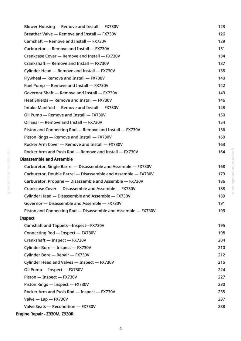May include: A detailed parts list for engine repair, including removal, installation, disassembly, assembly, and inspection procedures. The text includes terms like "Crankshaft", "Cylinder Head", and "Oil Pump". The page numbers are listed on the right.