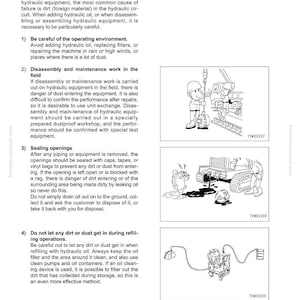 May include: Illustrated troubleshooting guide for hydraulic equipment maintenance. Diagrams show workers handling machinery, sealing openings, and refilling oil. Text explains procedures to prevent dirt contamination.