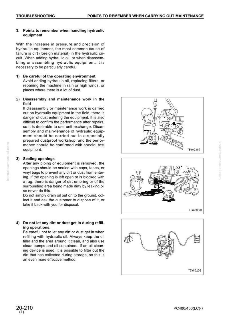May include: Illustrated troubleshooting guide for hydraulic equipment maintenance. Diagrams show workers handling machinery, sealing openings, and refilling oil. Text explains procedures to prevent dirt contamination.