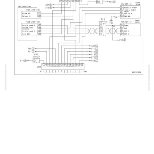 Peut inclure: Un sch&eacute;ma de circuit d&eacute;taill&eacute; li&eacute; &agrave; un capteur de vitesse de d&eacute;placement, avec des &eacute;tiquettes et des connecteurs. Le sch&eacute;ma comprend des composants tels que le contr&ocirc;leur HST, la vanne de frein et le capteur de vitesse.